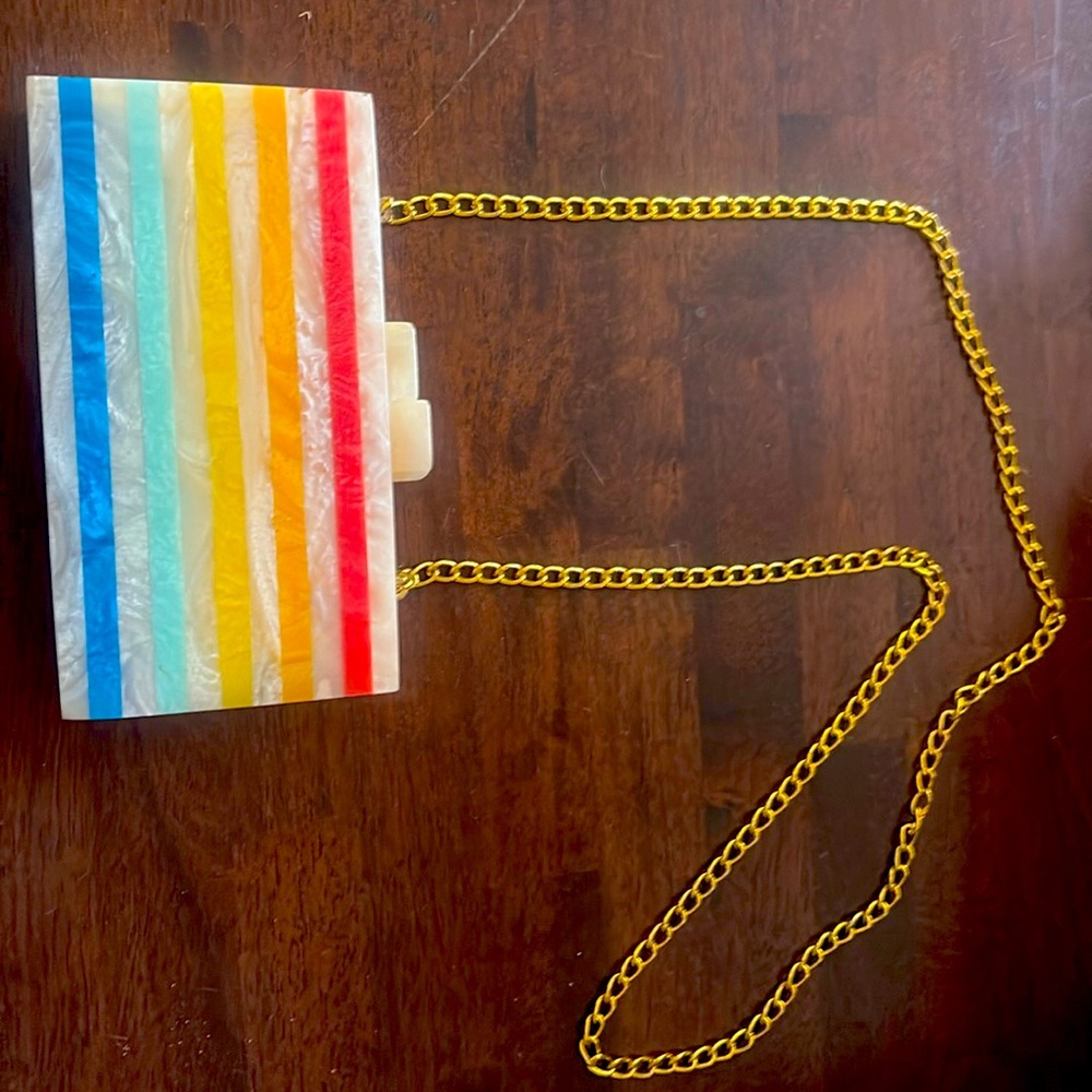 Lulu Rainbow Pride Acrylic Clutch W/ Gold Chain- Hard Shelled Crossbody Purse 8”